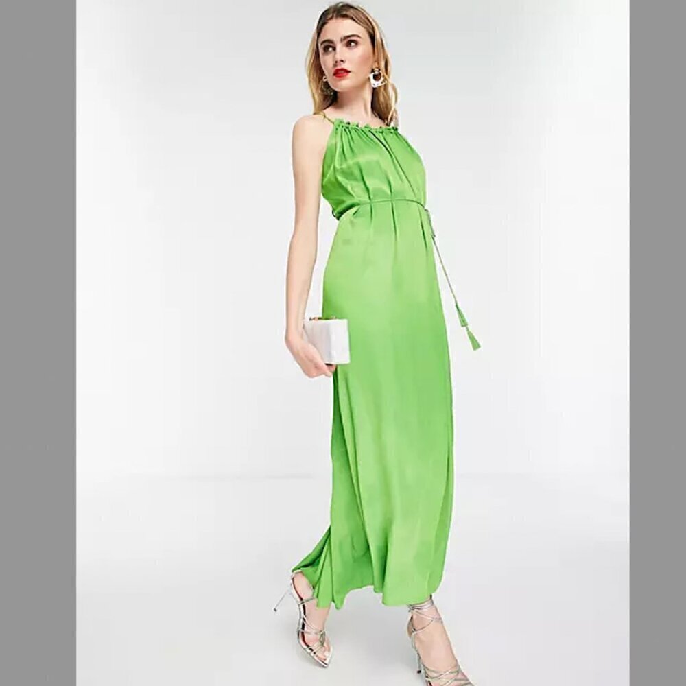 & Other Stories Green Volume Maxi Cami Dress in Crinkle Satin, Size 4